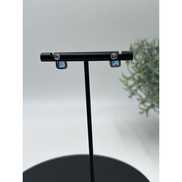 Sterling Silver Stamped 925 Rectangular Blue Stone Stud Earrings - Picture 8 of 14